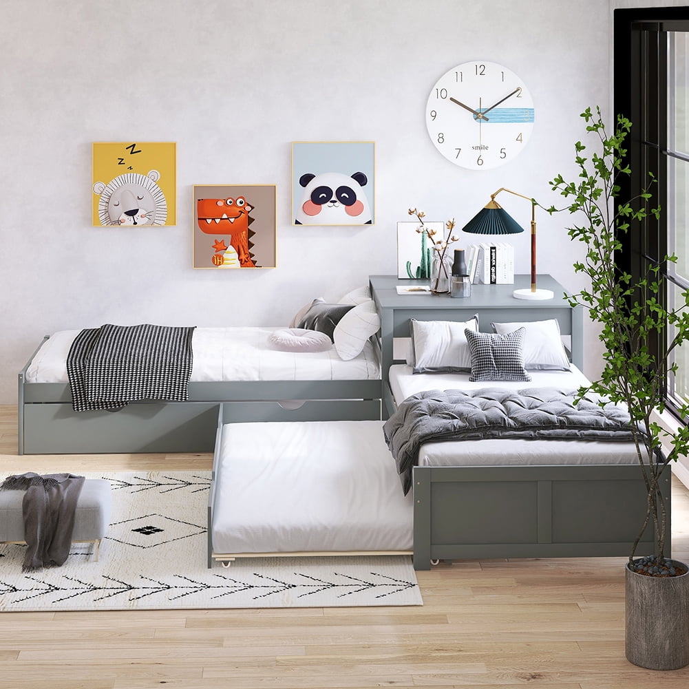 Kadyn L-shaped Platform Bed with Two Trundles and Built-in Square Table,Gray Kadyn L-shaped Platform Bed with Two Trundles and Built-in Square Table,Gray