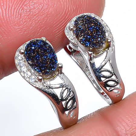 Titanium Aura Drusy & Cubic Zirconia 925 Silver Plated Earring 0.59" T98, Valentine's Day Gift, Birthday Gift, Beautiful Jewelry For Woman & Girls