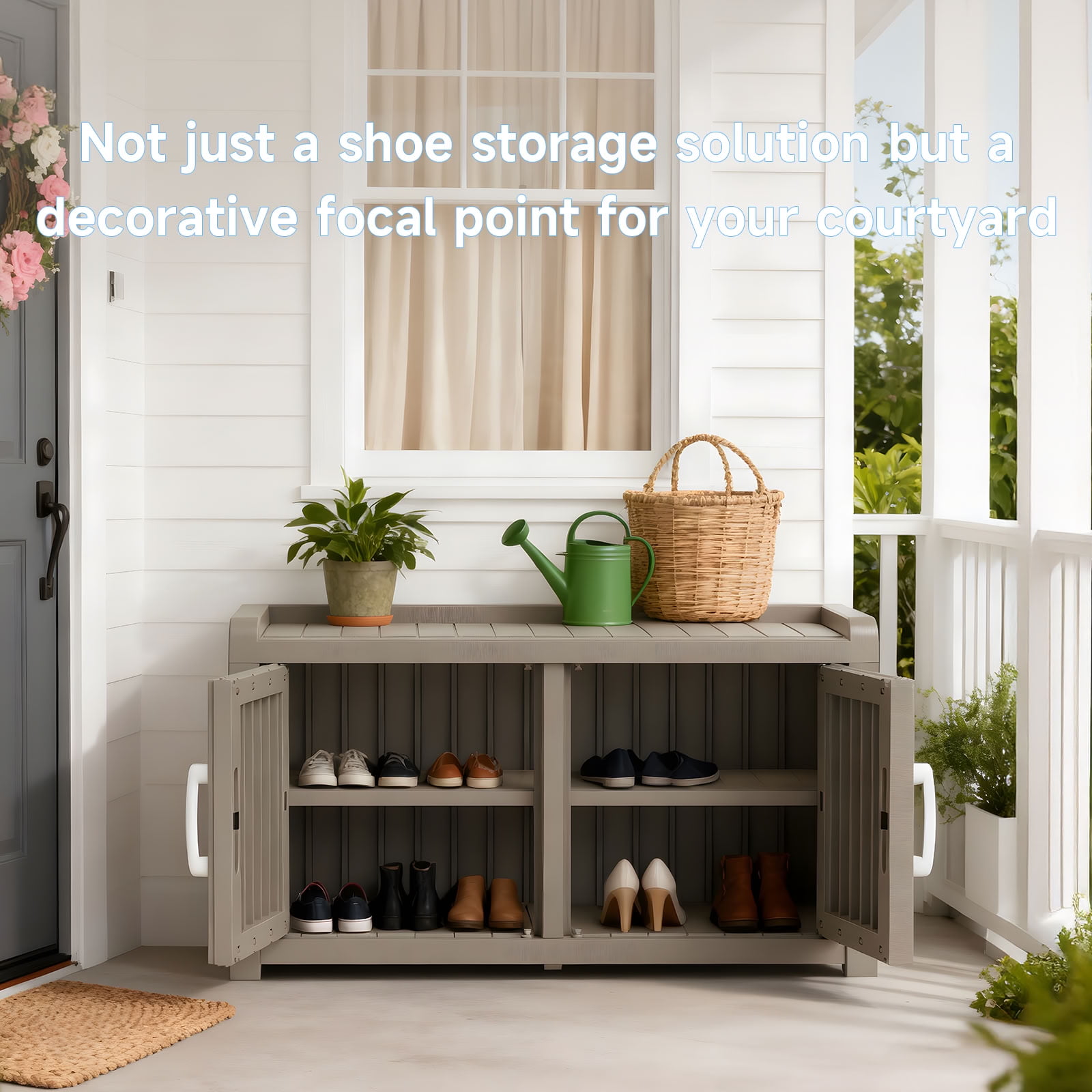 MAYEERTY Two-Door Mini Entry Shoe Storage Cabinet, Weatherproof Shoe Organizer with Removable Layers