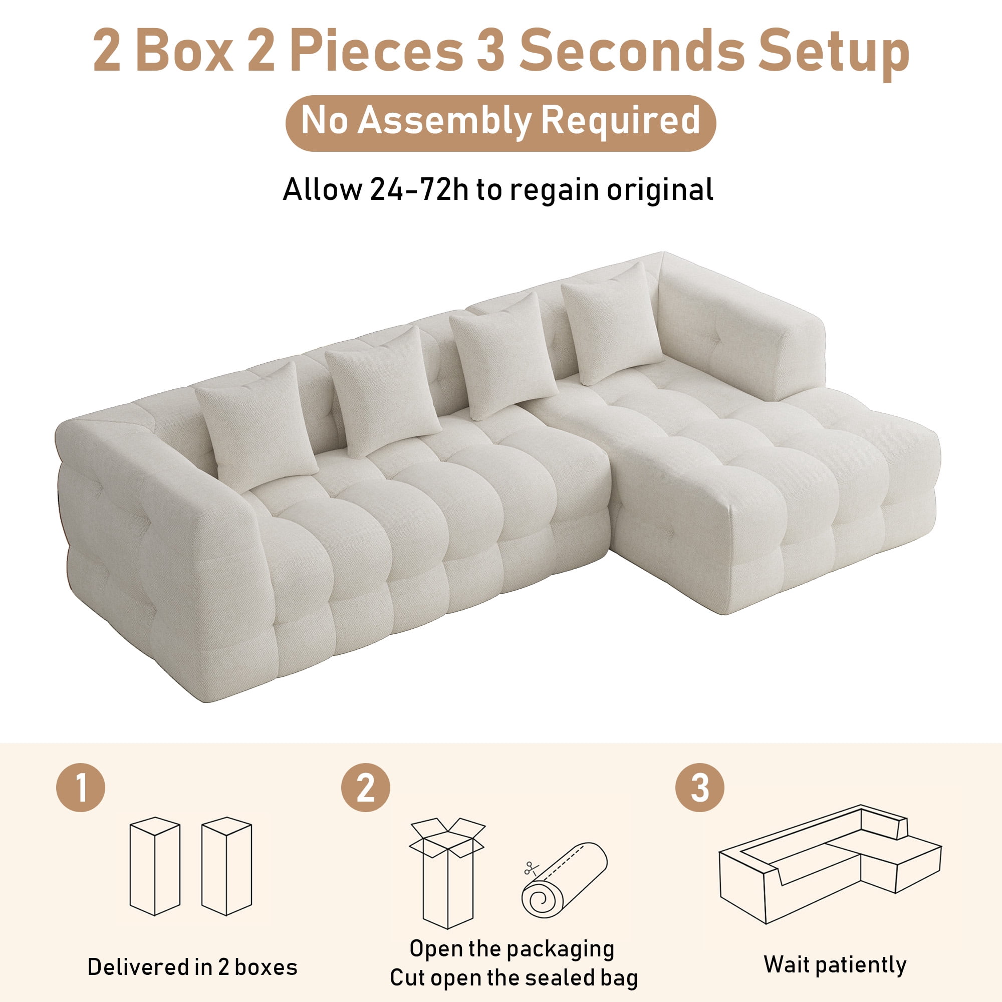 Wiilayok 120" Boneless Oversized Cloud Couch, Right Facing L-Shaped Chenille Sectional Sofa with Chaise Lounge, Deep Seat Upholstered Living Room Sofa with 4 Pillows, No Assembly, Beige