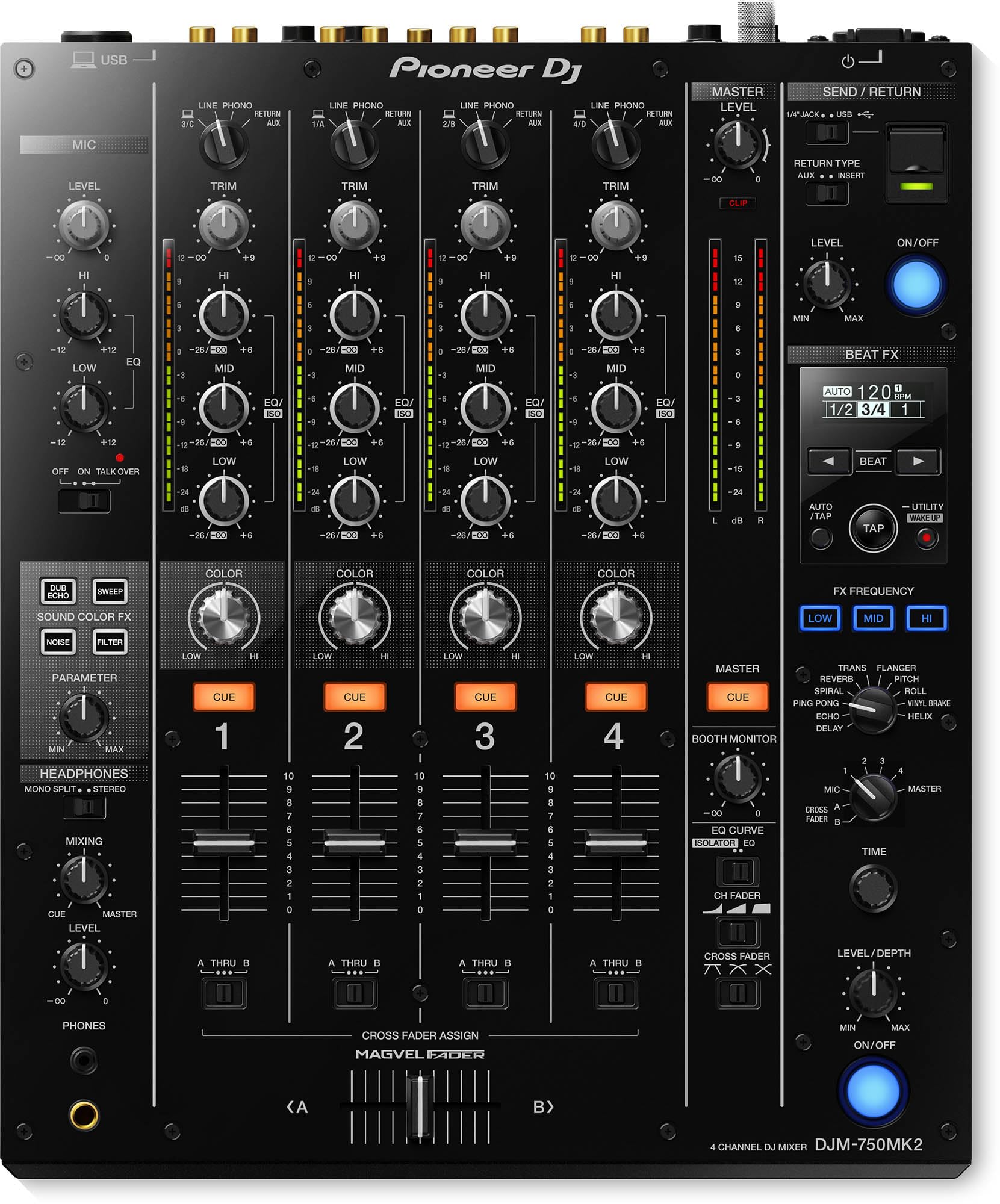 Pioneer DJM-750MK2 4-Channel Performance DJ Mixer - Bundle with Headphones, XLR Cable, TRS Cable, and Austin Bazaar Polishing Cloth