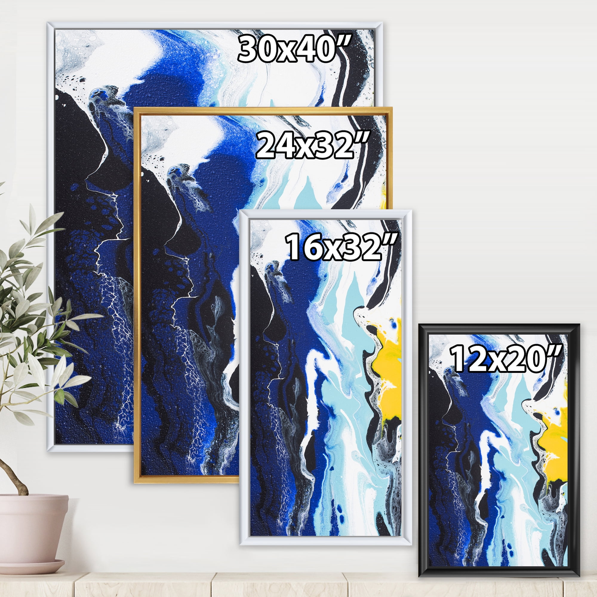 Designart 'Abstract Blue and Yellow Waves' Modern Framed Canvas Wall Art Print