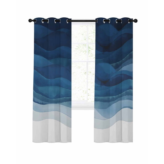 Navy Blue Ombre Blackout Curtains, Light Blocking Print Window Curtains, Modern Moire Gradient Watercolor Thermal Insulated Window Drapes for Living Room Kitchen Cafe 2 Panels, 84"W x 84"L