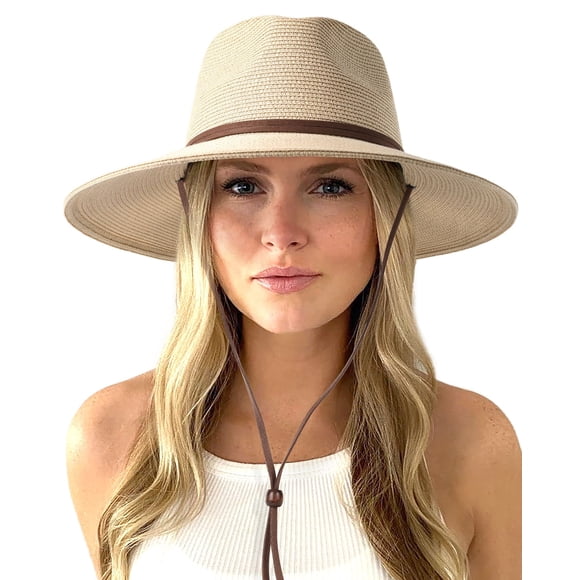 Gorro de sol FURTALK para mujer, paja, ala ancha, estilo Panama Fedora, color beige