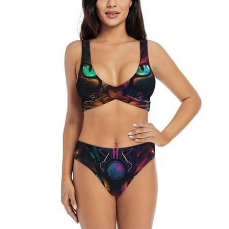 Zeuib Futuristic Cat Warrior High Waisted Tummy Control Bikini Set - Knot Front Push Up Top & Cheeky Thong Bottom  Two-Piece Swimsuit for Women-X-Large
