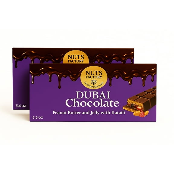 Nuts Factory Dubai Milk Chocolate with Peanut Butter & Jelly Bars. Ranked #1 Dubai Chocolate Bars in the World.  (2 Premium Bar Packs)