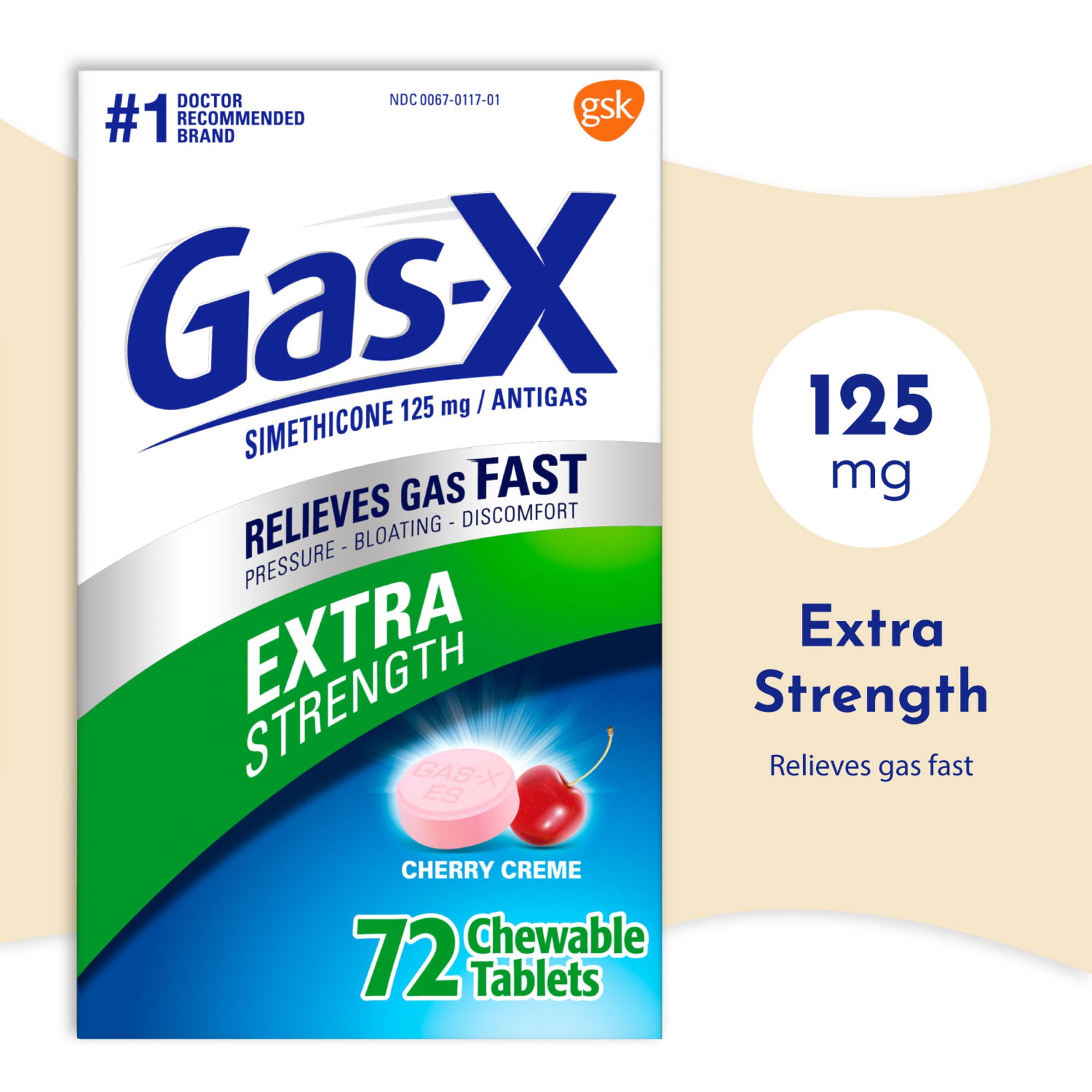 Gas-X Extra Strength Chewable Gas Relief Tablets With Simethicone 125 Mg for Bloating Relief, Cherry - 72 Count
