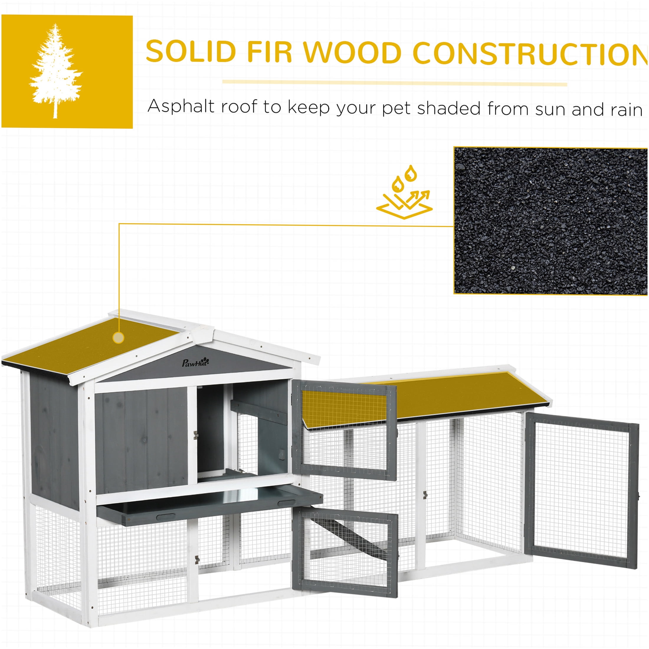 JERFIT Large Outdoor Rabbit Hutch with Run, White Wooden Bunny Cage House for Rabbits & Guinea Pigs, Waterproof Asphalt Roof, Pull-Out Tray, Ramp