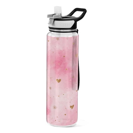 1000ML Transparent Sports Water Bottle with Handle & Straw Portable Water Bottle for Outdoor Camping Gym Pink Background with Hearts