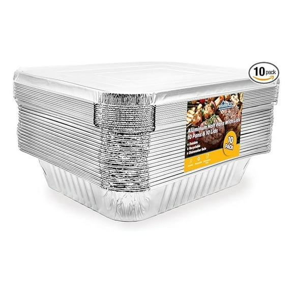Aluminum Pans With Lids Half Size (10 Pack) 10 Lids and 10 Pans, 9x13 Prepping, Roasting, Food, Storing, Heating, Cooking, Chafers, Catering, Buffet Supplies