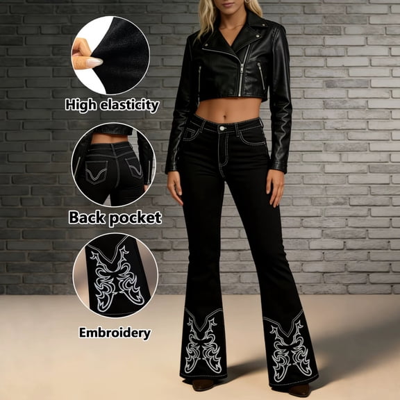 Women's Western Embroidered Flare Jeans, High Waist Stretch Bootcut Denim Pants Vintage Cowboy Trousers