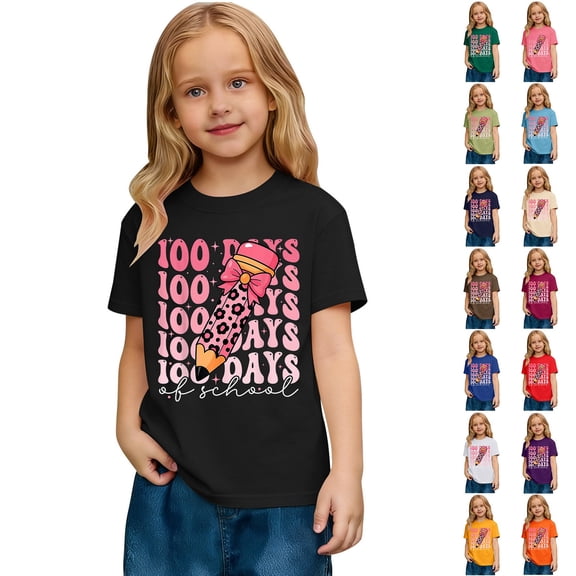 Girls Boys T Shirts 100th Day Of School Girls T-Shirt Cute Letter Graphic Short Sleeve Soft Comfortable Casual T Shirt for Girls Tees Shirts for Youth Girls for Back To School(Black,2-3 Years)
