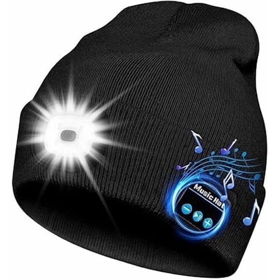 Bluetooth Beanie for Men with LED Headlight and Removable Speakers Unisex Winter Bluetooth Hat with Light(A)