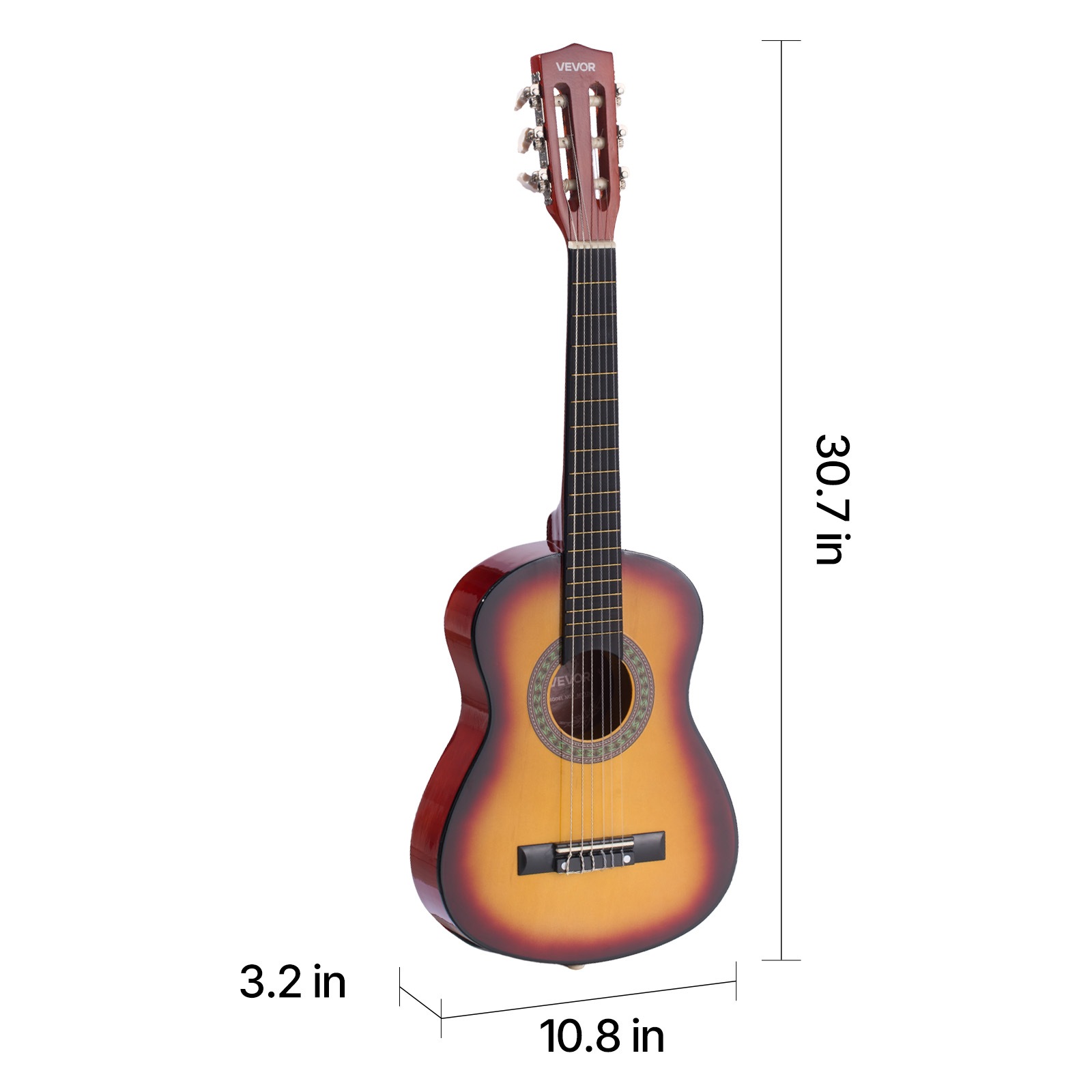 VEVOR 30in Classical Guitar,Wood Guitar Starter Kit for Beginners, with Nylon Strings, Gig Bag, Strap, Tuner, Extra Strings, Pick, Capo, Basswood,for Kids Girls Boys Students, Sunburst