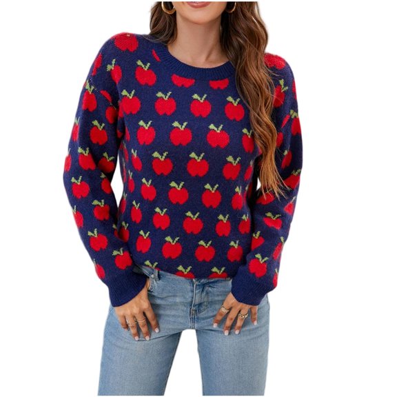 Smupbvky Cute Sweater Women Fruit Print Knit Tops Long Sleeve Casual Fall Crew Neck Pullover with Ribbed Trim (XL, Navy)