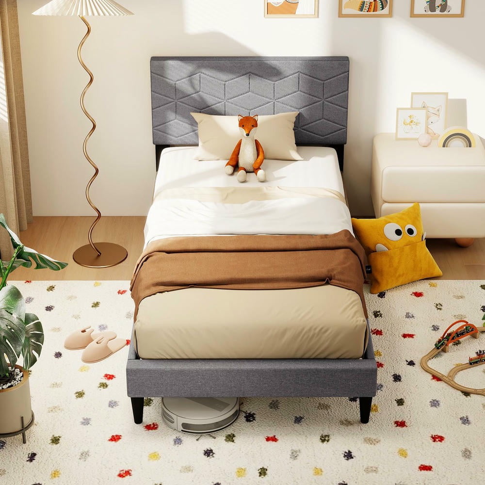 Barara King Twin Size Bedroom Bed Frame with Linen Fabric Upholstered Headboard, Bed Platform Frame for Apartment, Bedroom, Gray