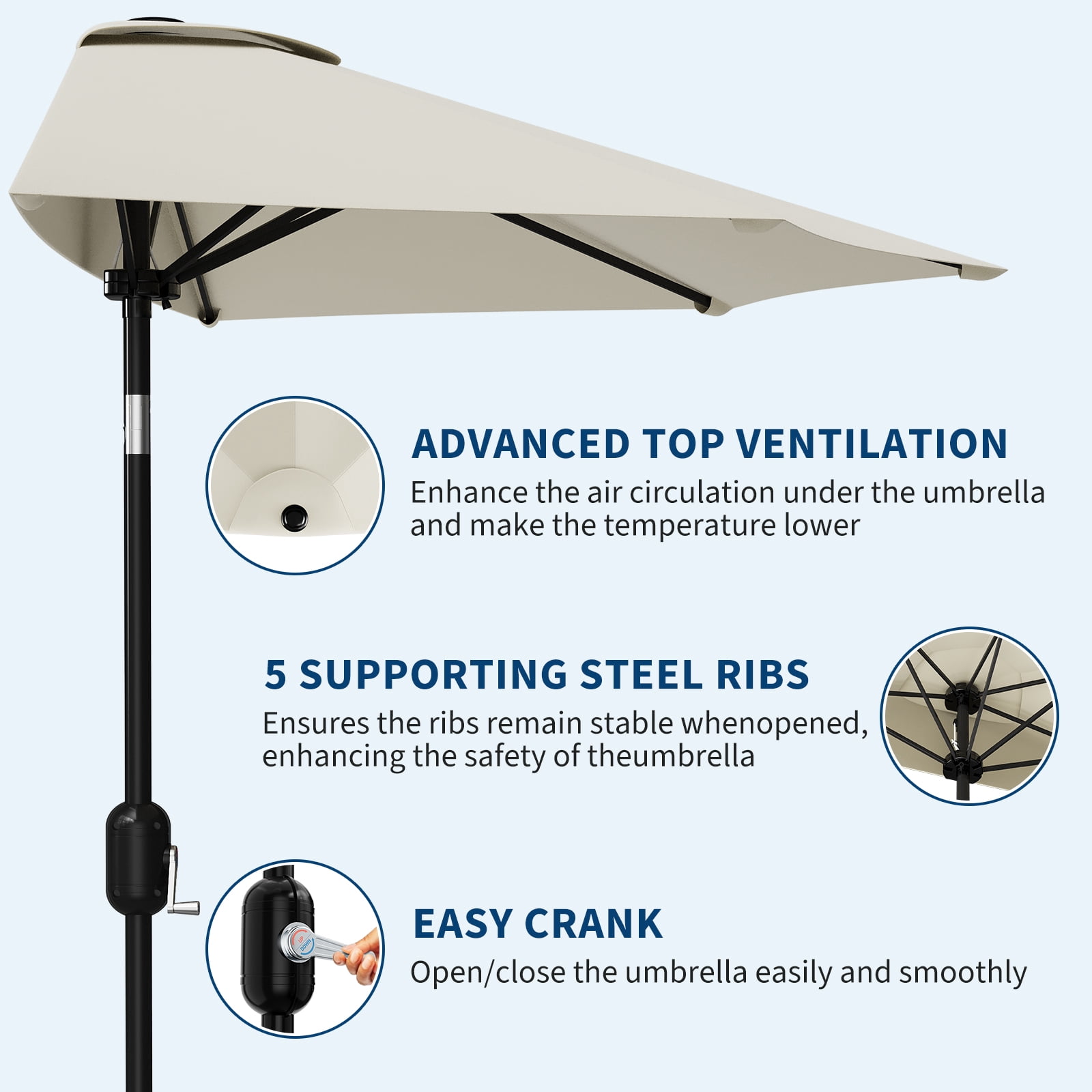 GOGRANT 9ft Beige Half-Round Market Patio Umbrella, with Crank, UV Protection