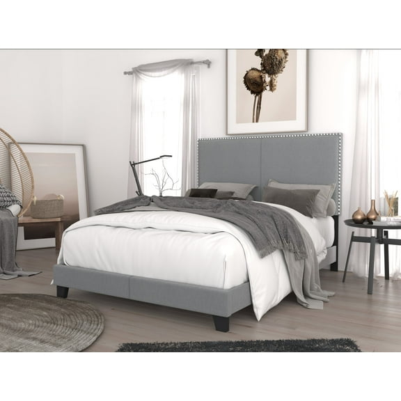 Home Design Ace Twin Nailhead Trim Linen Upholstered Bed Frame with Solid Wood Frame and Silver Nailhead, Light Gray, Easy assembly