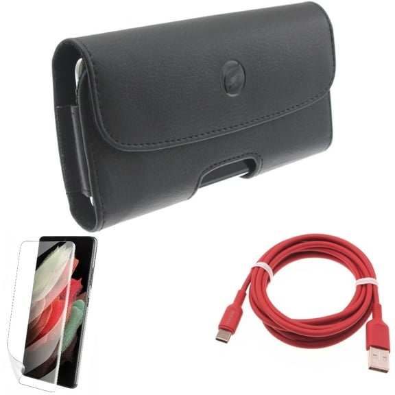 6ft USB-C Cable w Matte Screen Protector w Case Belt Clip for Samsung Galaxy S21 Plus - Red Charger Cord, TPU Film Anti-Glare, Leather Holster Accessory Bundle