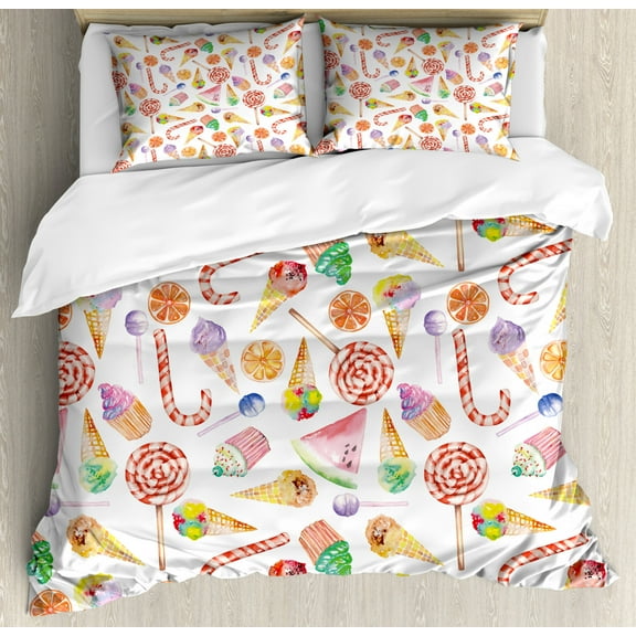 Colorful Duvet Cover Set King Size, Ice Cream Candy Cakes Lollipop Clementine Fruits Cute Birthday Celebration Pattern, Decorative 3 Piece Bedding Set with 2 Pillow Shams, Multicolor, by Ambesonne