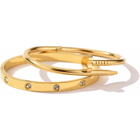 18K Gold Plated Love Nail Bangle Bracelet Set Stackable Stainless Steel Bangle Set for Love Trendy Jewelry