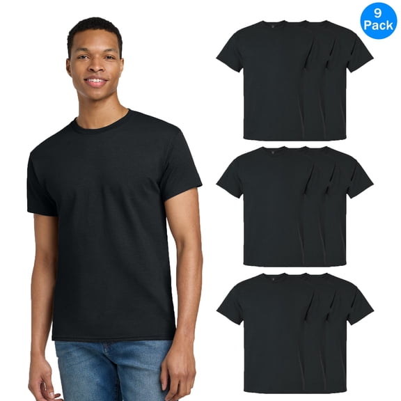 Gildan Ultra Cotton Short Sleeve T-Shirt, Men's Crew Neck Classic Black Tee, Pack 9, Size S