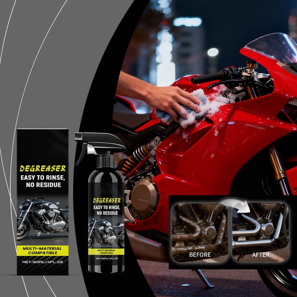 Limpiador multiusos de 120 ml para motores de motocicletas y neumáticos. Elimina la suciedad más incrustada. Un solo lavado.