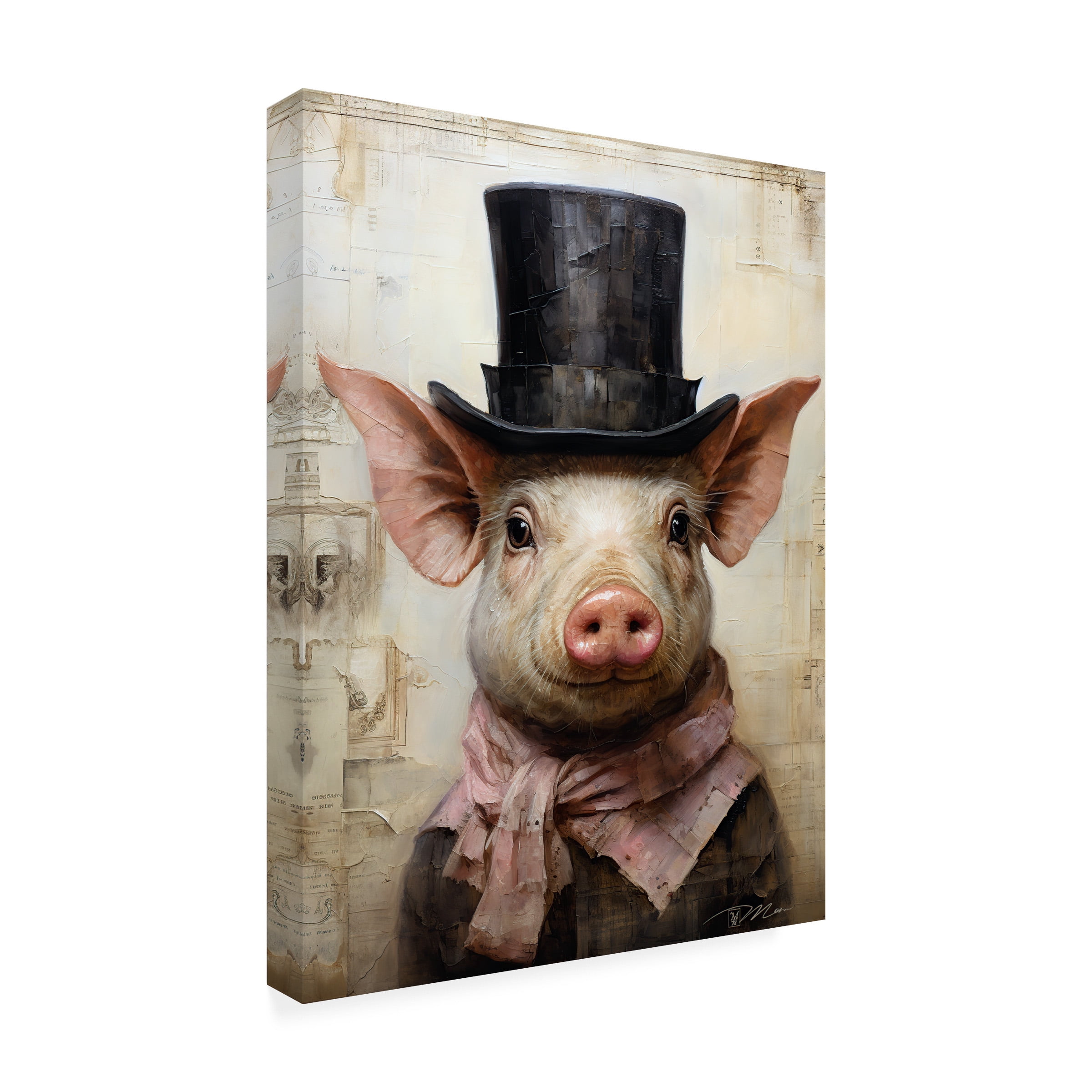 Canvas Wall Art - Momart 'Cute Pig With A Red Hat Baroque Style 1' Wall Art for Living Room, Bedroom, or Office Décor by Trademark Fine Art - 35 x 47 Inches
