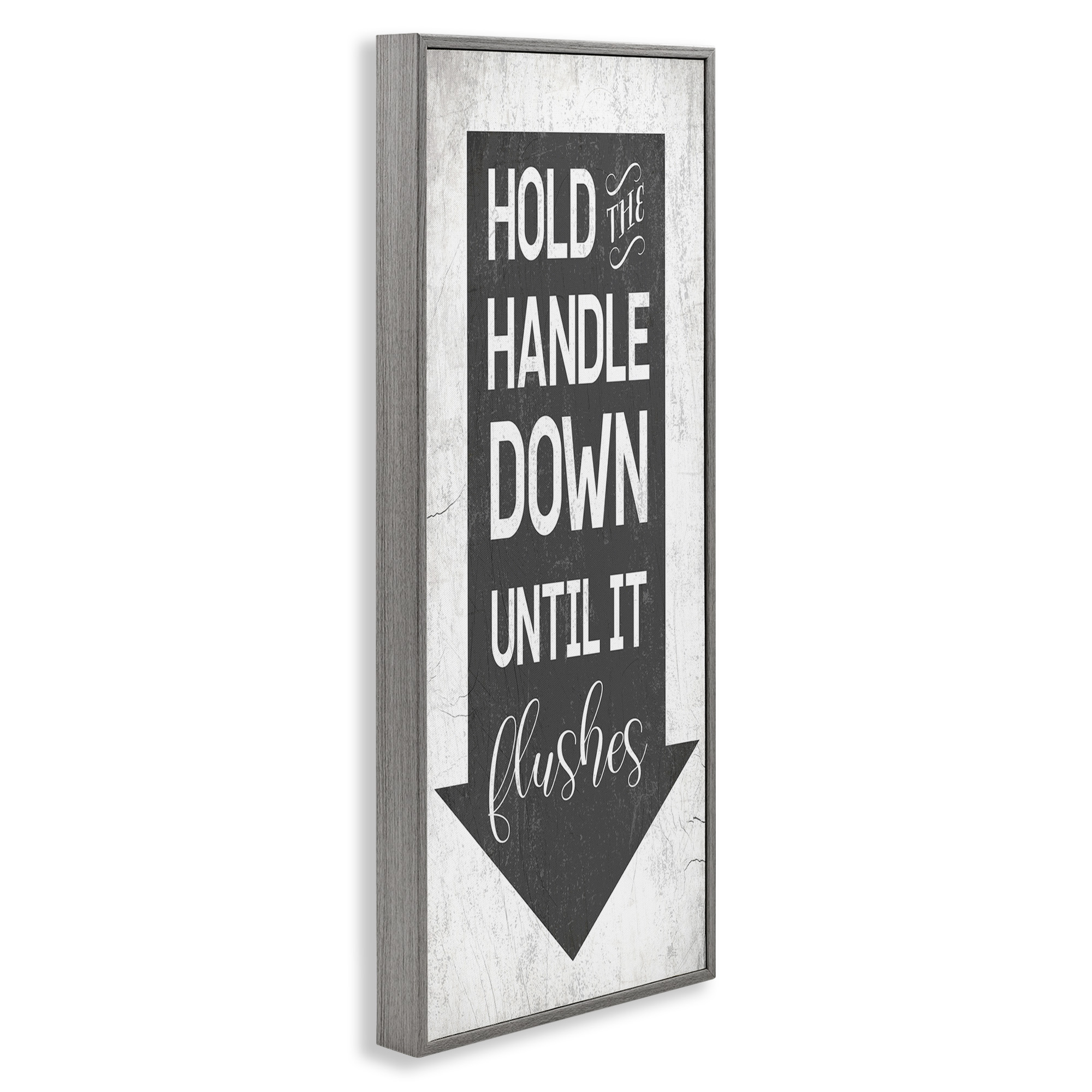 Stupell Industries Hold Handle Down Bathroom Arrow Typography Painting Gray Framed Art Print Wall Art, 10 x 24