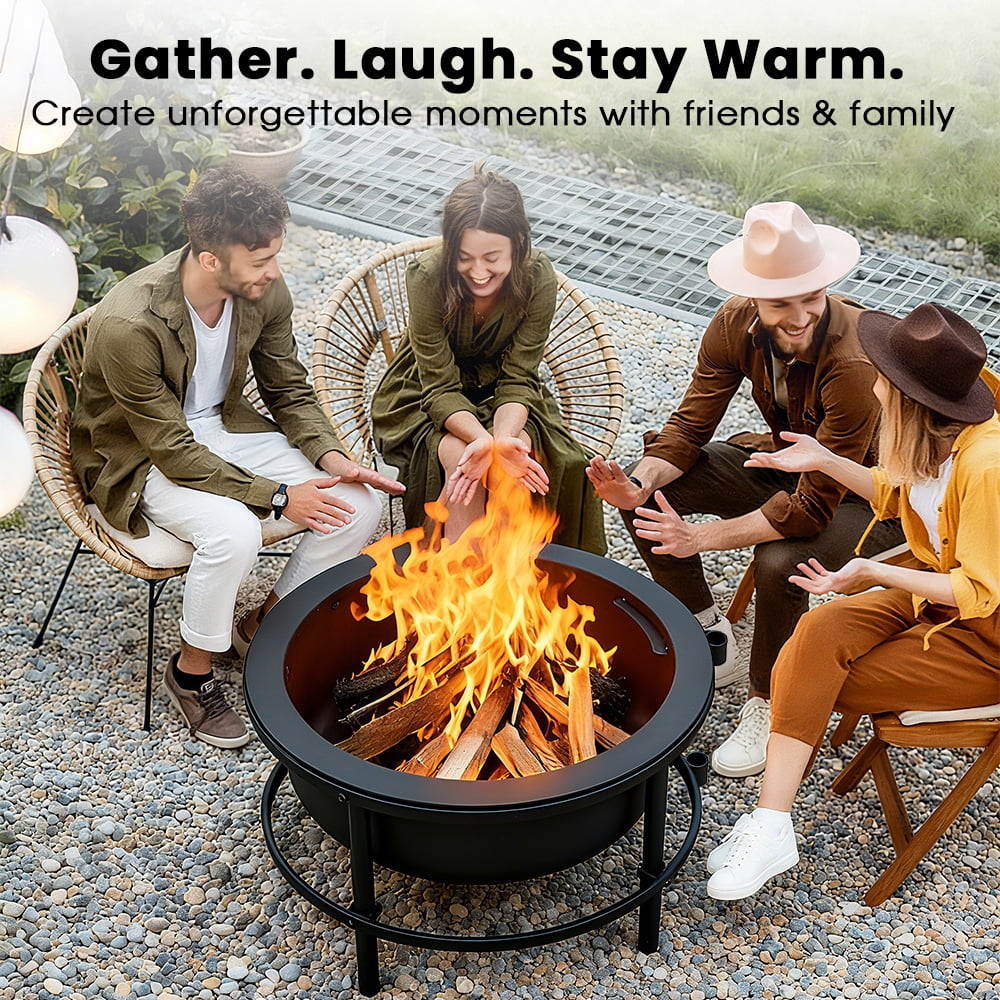 Large Wood Burning Fire Pit with 28" Rotating Wheeled Side Table, 3-In-1 Outdoor Metal Firepit with Screen Lid, Grill and Basting Brush for BBQ Patio Backyard Garden