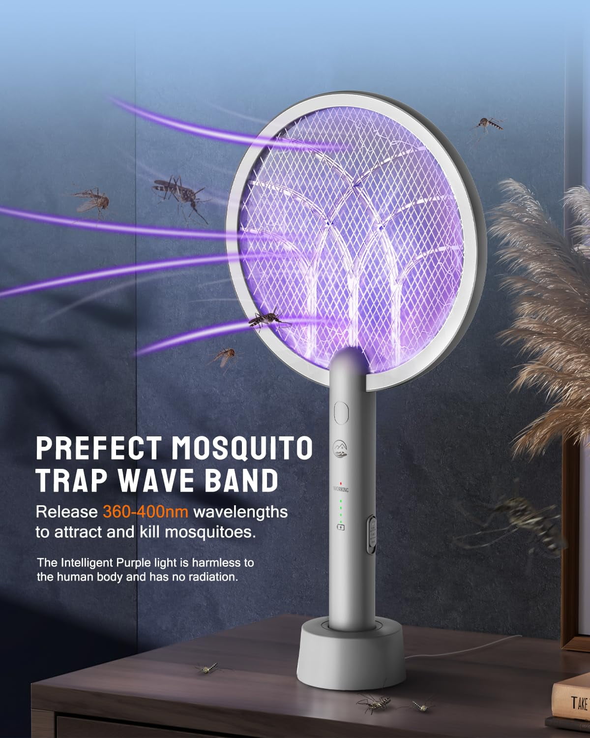 Esemoil Electric Fly Swatter Racket, 2 in 1 Smart Bug Zapper with USB Rechargeable Base, Powerful Mosquitoes Trap Lamp & Fly Killer with 3-Layer Safety Mesh for Home, Bedroom, Kitchen, Patio（1 Pack）