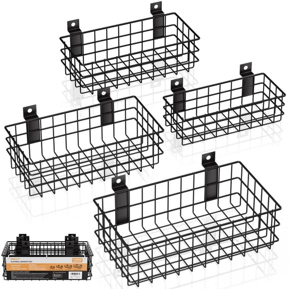 INCLY 4 Pack Black Slatwall Baskets Set, Ventilated Metal Hanging Storage Slat Wall Basket, Mounted Slatwall Accessories for Garage Rooms Shops Storag