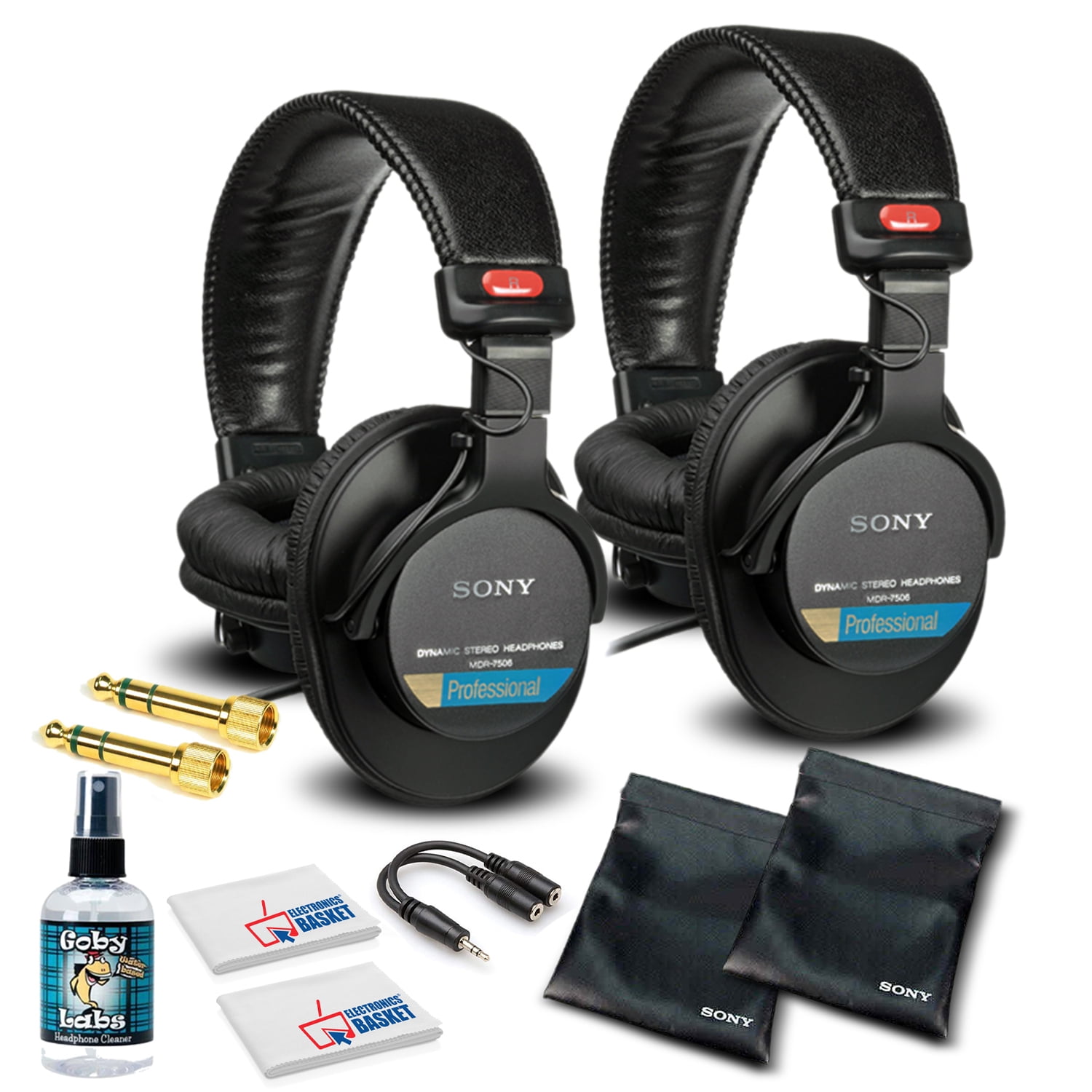 Sony MDR-7506 Headphones Professional Large Diaphragm Headphone (2 Pack)  Bundle with Headphone Cleaning Solution