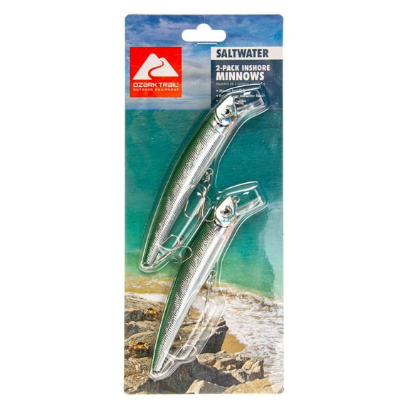 Ozark Trails Hard Plastic Saltwater Inshore  Minnow Fishing Lures, 2-pack. Painted in Fish Attracting Colors.