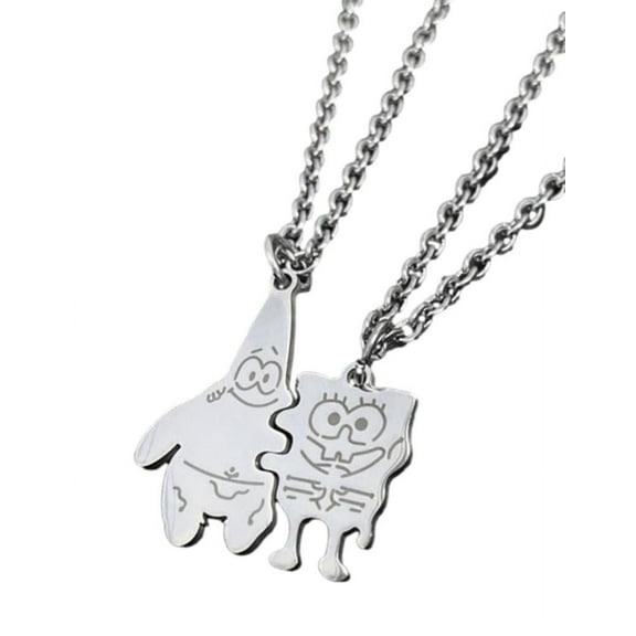 Spongebob And Patrick Silvertone 2 Piece BFF Metal Pendant Necklace Set