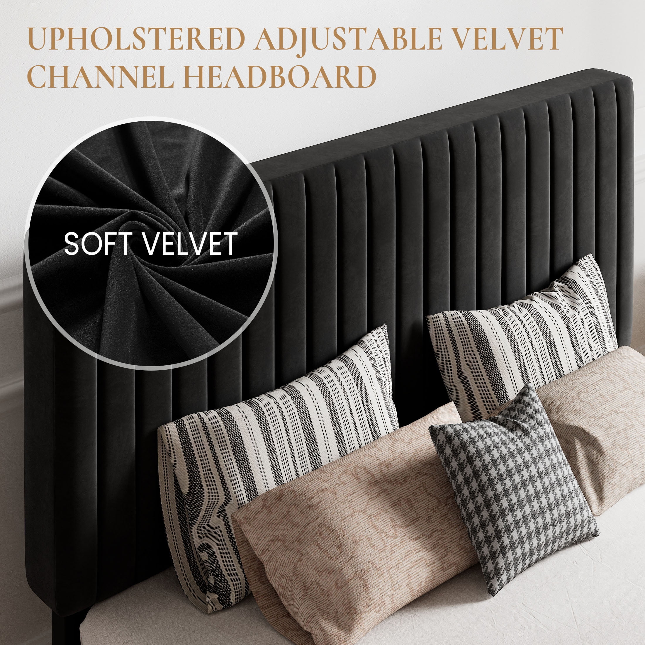 SHA CERLIN Black King Size Upholstered Platform Bed Frame with Adjustable Channel Velvet Headboard