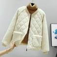 thumbnail image 4 of Lohuatrd Women Autumn Winter Solid Color Short Cotton Coat Long Sleeve Plush Splicing Jacket Pockets Zipper Placket Cotton Padded Outwear, 4 of 8