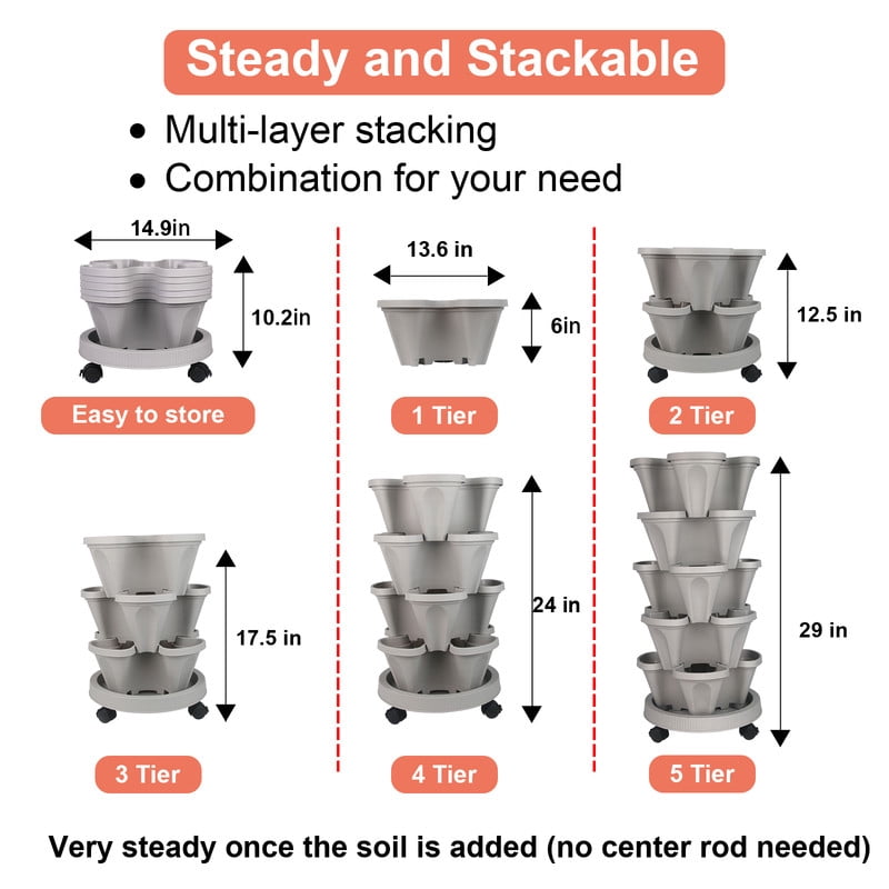 DUNCHATY 5 Tier Stackable Growing System for Strawberries and Herbs, High-Capacity Vertical Planter Tower, Outdoor Raised Garden Bed Alternative with Drainage Holes (Agreeable Gray)