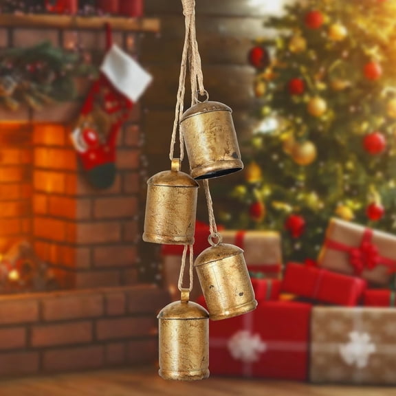 4Pcs Christmas Cow Bells, Large Vintage Gold Cowbells Decor with Jute Hanging Rope Decorative Bells for Home Door Knob Christmas Bell Garland Wreath