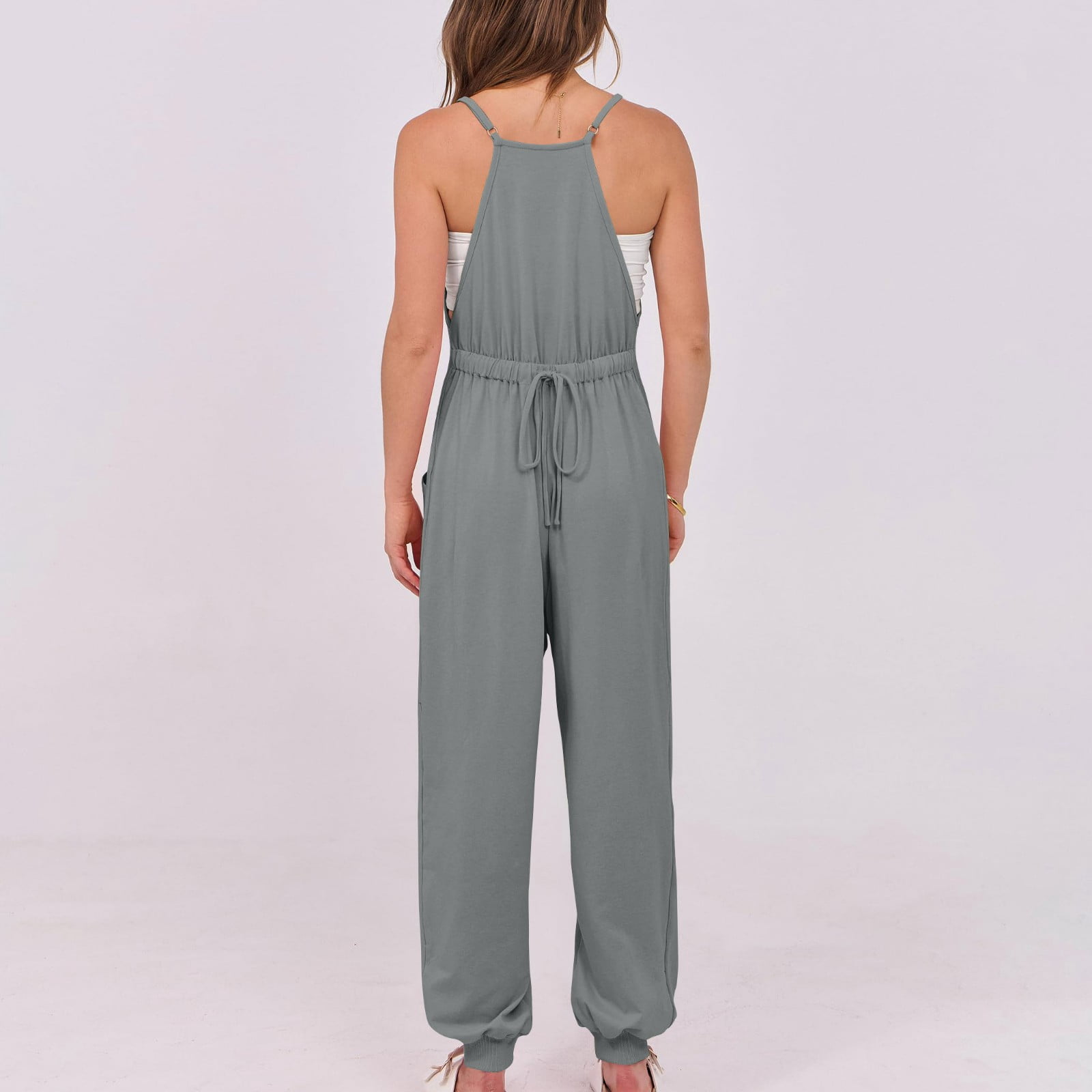lcziwo Women's Causal Sleeveless Jumpsuits Summer Scoop Neck Harem Overalls Loose Fit Spaghetti Straps Romper with Pockets Holiady Going Out Outfits Gray M