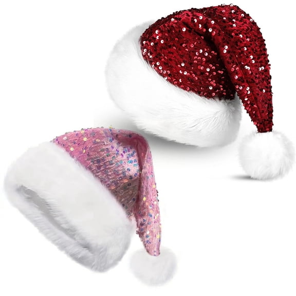 Hkoxplj Funny Sparkly Sequin Santa Hat with White Faux Fur Cuff Pink or Red Shiny Christmas Party Hat for Adults Women Men 17 Inches Tall Santa Hat Holiday Hat Decoration Sequin Santa Hat