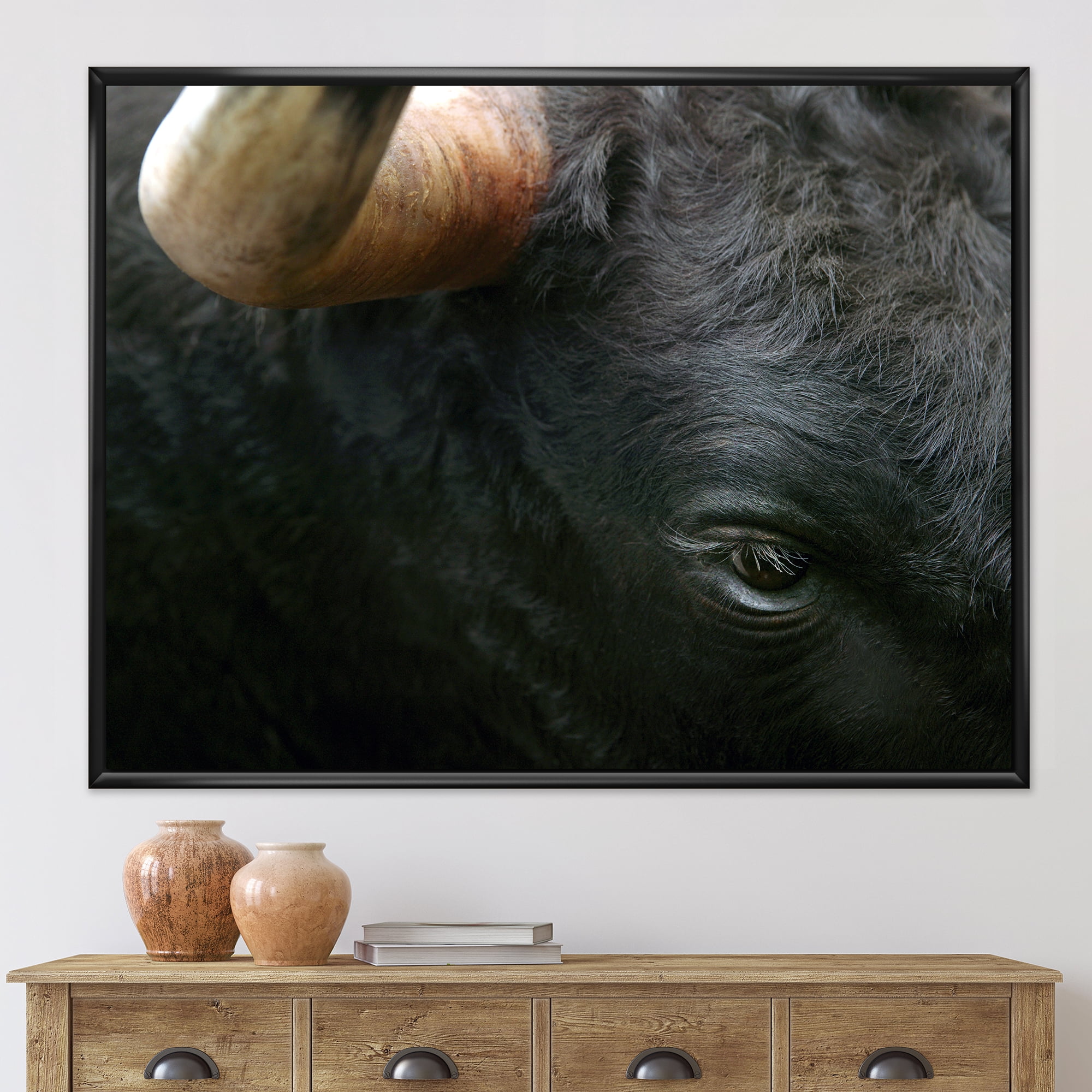 Close-Up Of Eye Fighting Bull Head 32 in x 24 in Framed Photography Canvas Art Print, by Designart