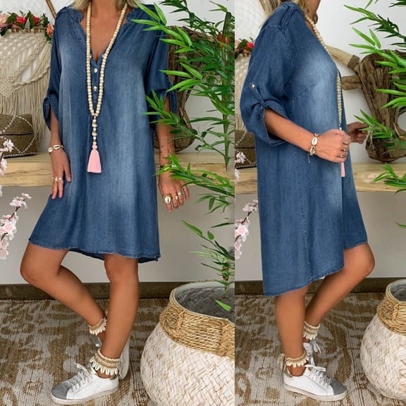 ZHOGXU Women's Denim Dress Short Sleeve V Neck Solid Color Fashion Comfortable Loose Fit Dresses For Casual Daily Wear,Blue,L
