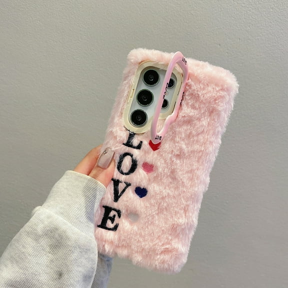 Fluffy Case for Samsung Galaxy S23 Ultra, Girly Cute Faux Fur Cute Plush Furry Fuzzy Cover with Love Heart Shockproof Camera Lens Kickstand Protective Phone Case for Girls Women, Pink