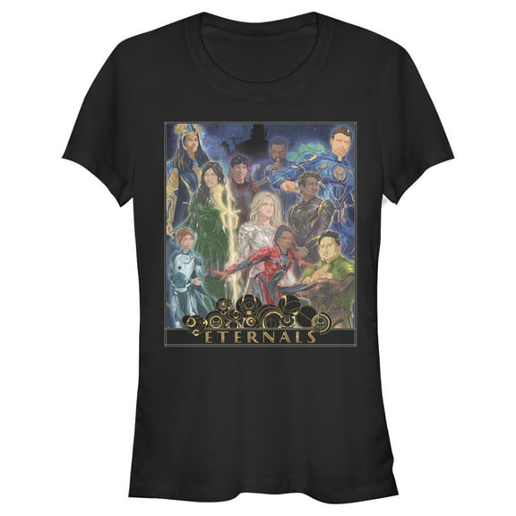 Junior's Marvel Eternals Watercolor Poster Graphic Tee Black X Large