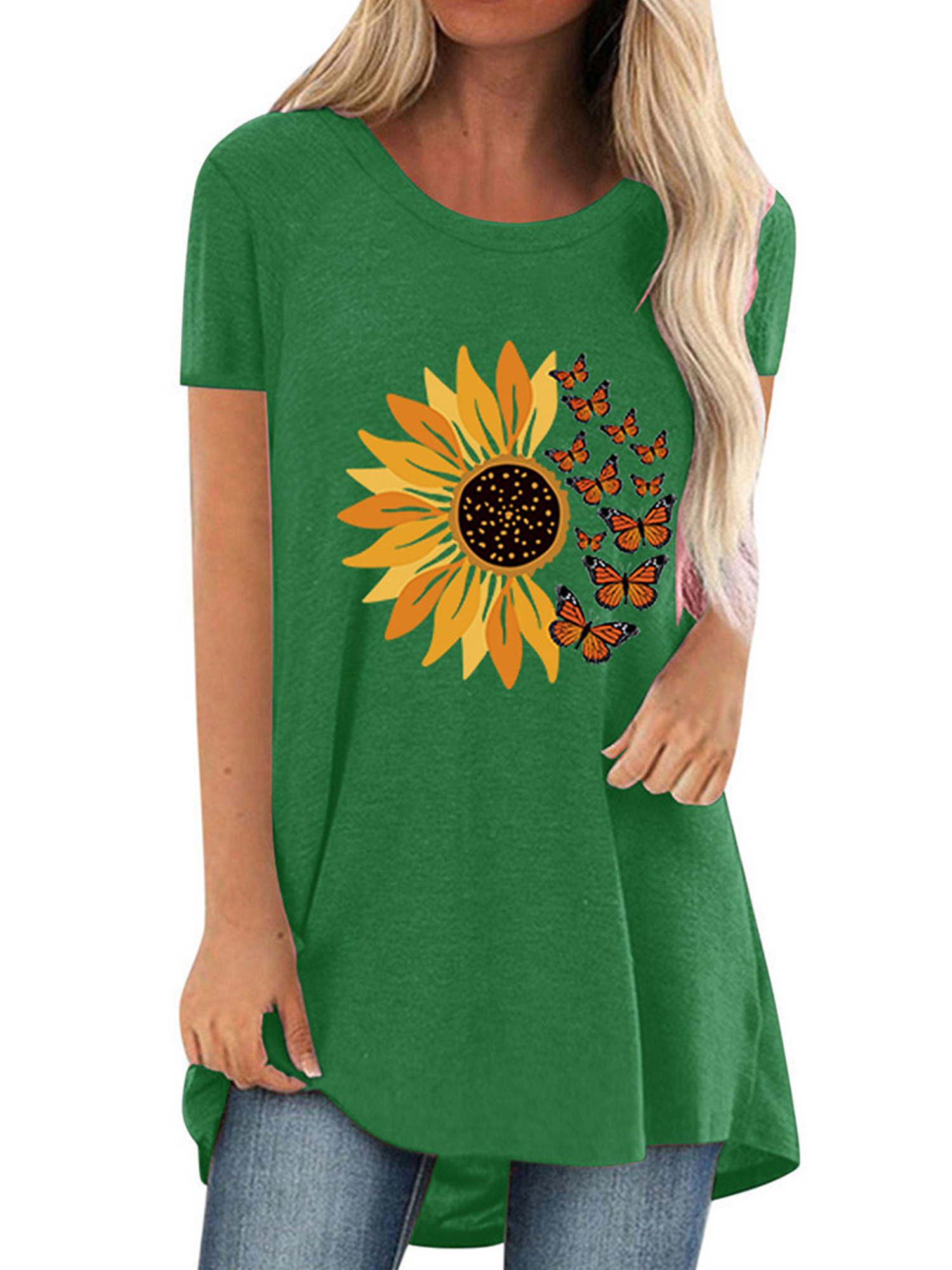 Eleluny Women Baggy Casual TShirt Tunic Short Sleeve Print Tops Blouse