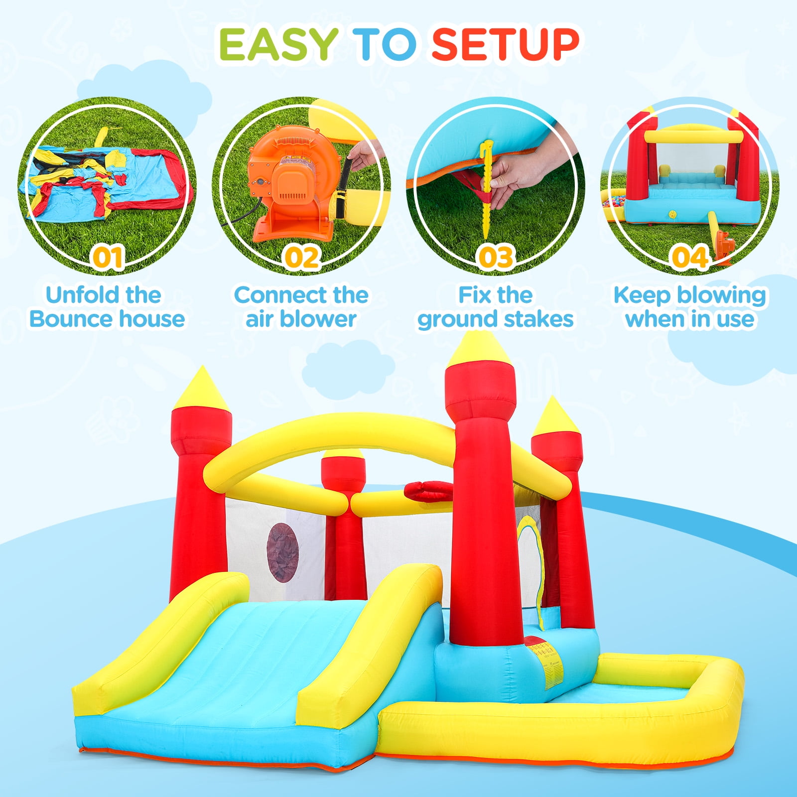 Toiyjofe Inflatable Bounce House with Slide & Ball Pit, Kids Bouncy Castle with Blower, Backyard Play Center for Kids 3-6, Indoor Outdoor Party Use