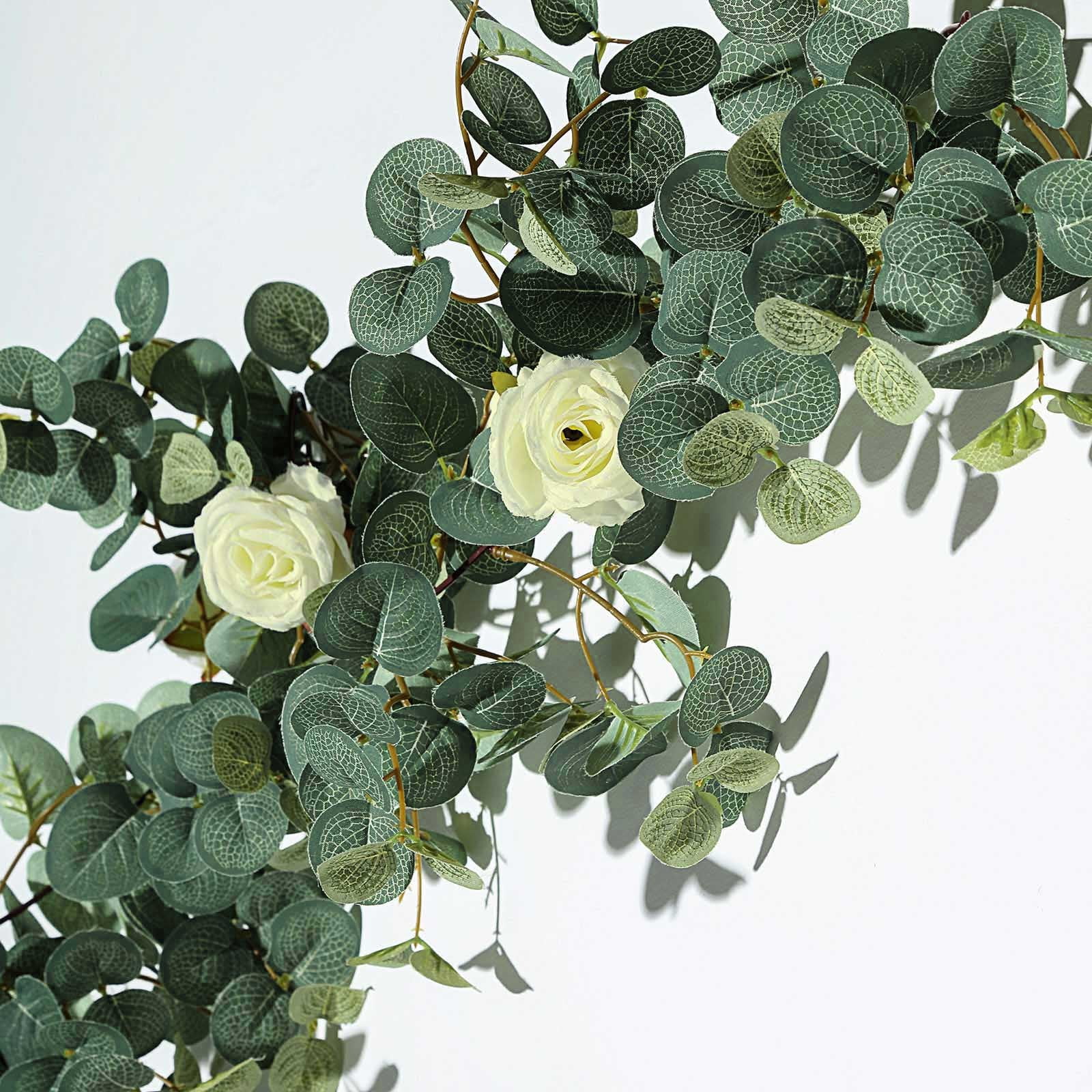 Efavormart 6 Ft Frosted Green Faux Eucalyptus Garland With Ivory Roses, Flower Garland Backdrop Decor