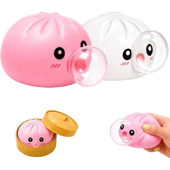 2 Pack Dumpling Bubble Blowing Squishy Toy with Mini Steamer Basket, Soft TPR Stress Relief Squeeze Fidget Toy for Anxiety, Office Desk Sensory Toy(setA)