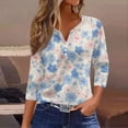thumbnail image 2 of WTOBBY Ladies Casual Fashion V-Neck Top Featuring Floral Print, Loose Fit, and 3/4 Sleeve, Great for Spring Fall Transitions, Weekend Activities, and Daily Wear,Turquoise XL, 2 of 5